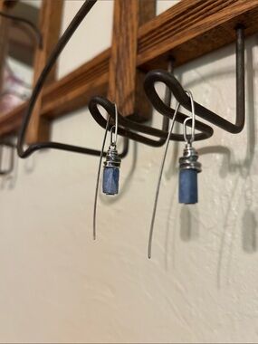 Sterling silver, oxidized. Raw kyanite hook pierced earrings.